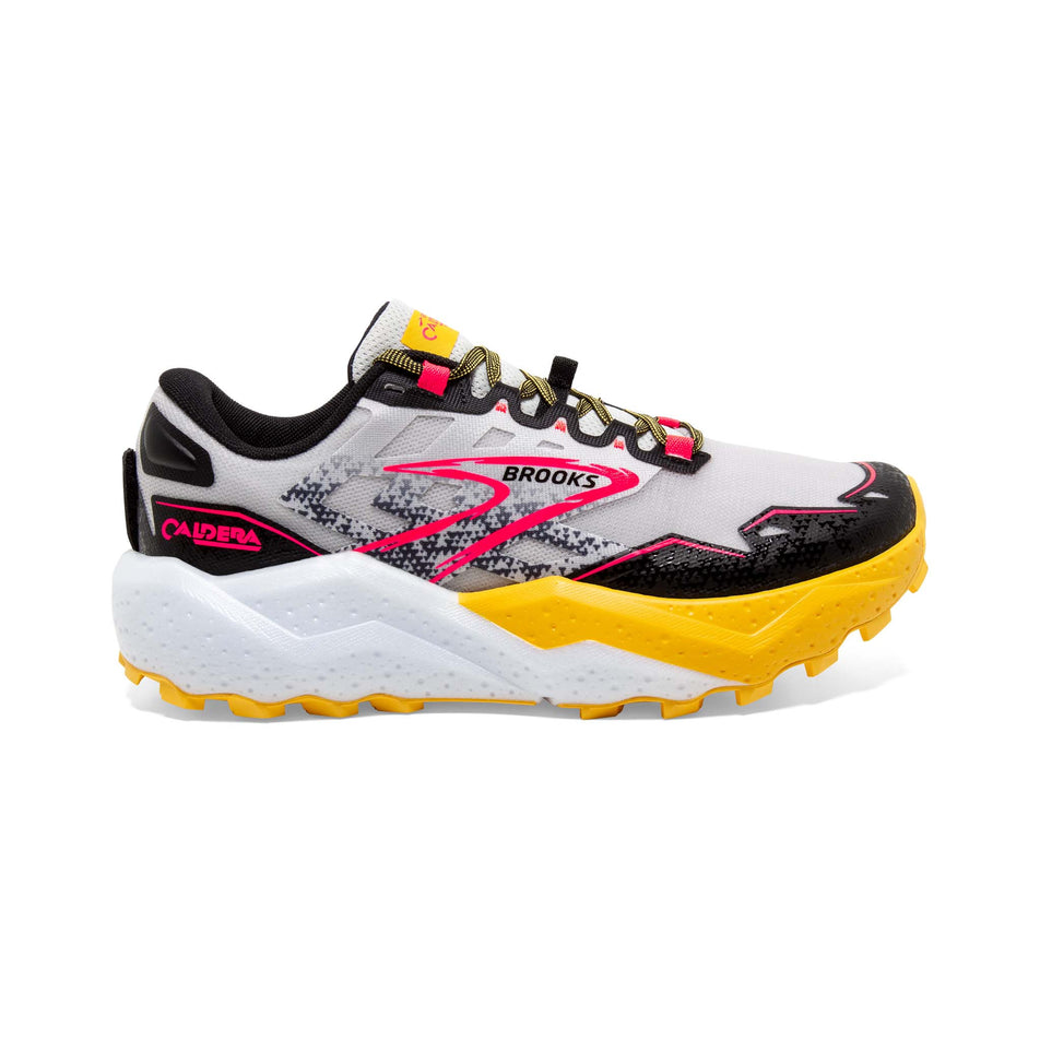 Lateral side of the right shoe from a pair of Brooks Women's Caldera 7 Running Shoes in the Lunar Rock/Lemon Chrome/Black colourway (8114243829922)