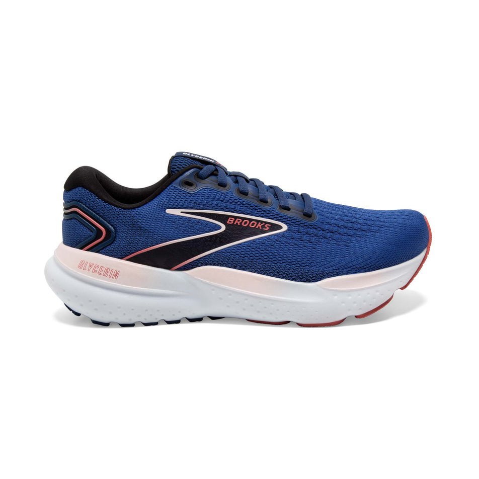 Lateral side of the right shoe from a pair of Brooks Women's Glycerin 21 Running Shoes in the Blue/Icy Pink/Rose colourway (8153515917474)
