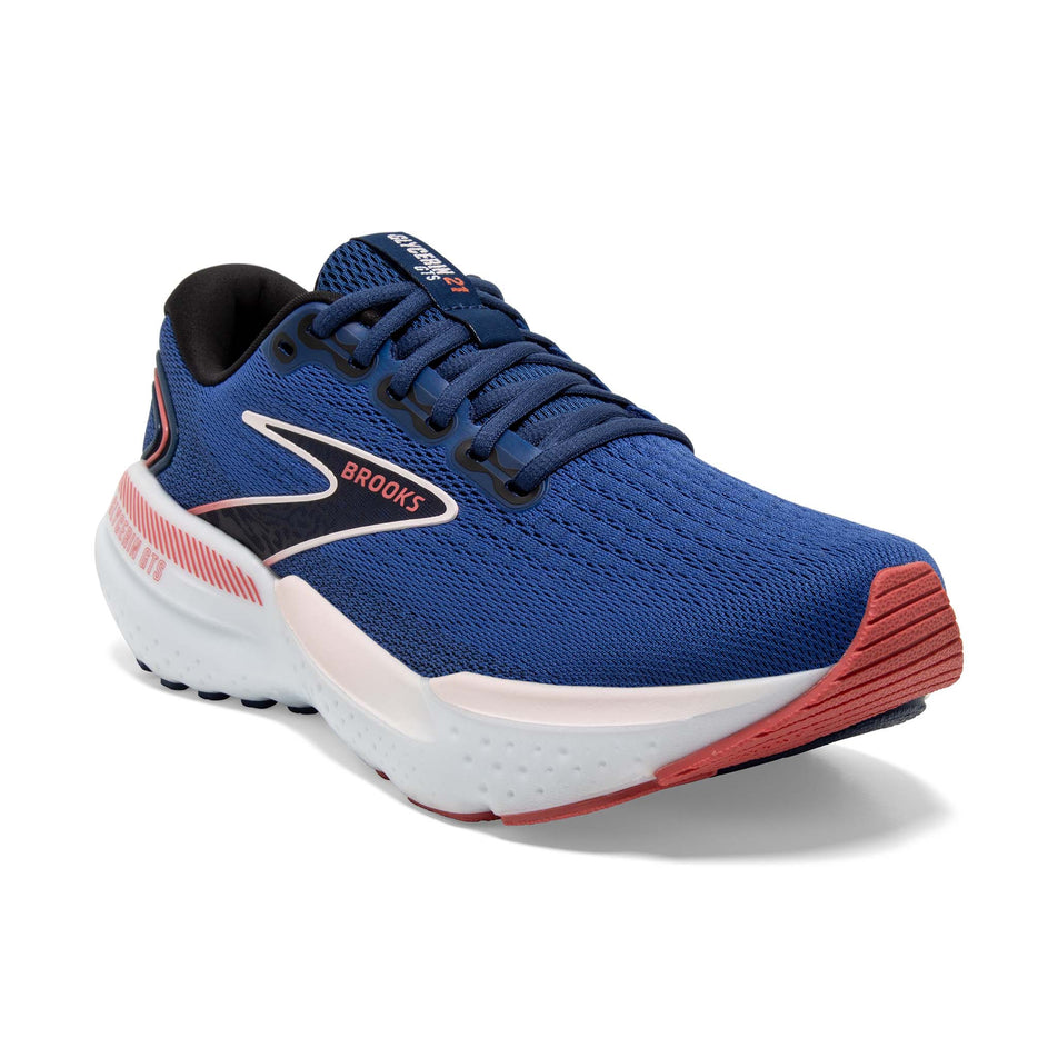 Lateral side of the right shoe from a pair of Brooks Women's Glycerin GTS 21 Running Shoes in the Blue/Icy Pink/Rose colourway (8153518276770)