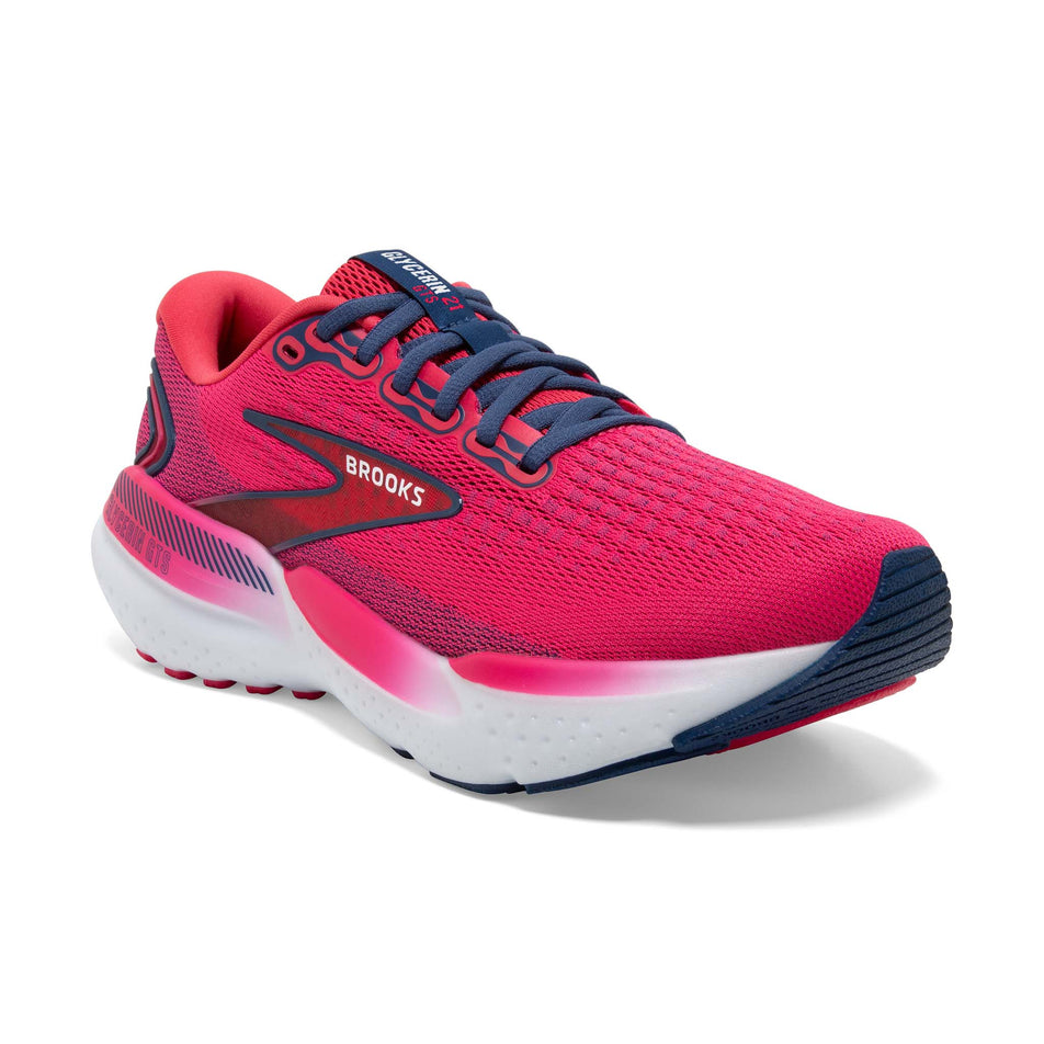 Lateral side of the right shoe from a pair of Brooks Women's Glycerin GTS 21 Running Shoes in the Raspberry/Estate Blue colourway (8153519358114)
