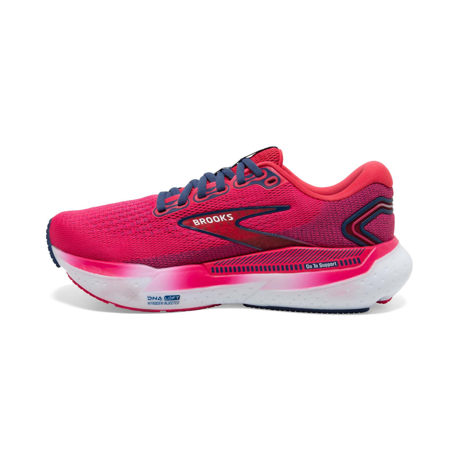 Medial side of the right shoe from a pair of Brooks Women's Glycerin GTS 21 Running Shoes in the Raspberry/Estate Blue colourway (8153519358114)