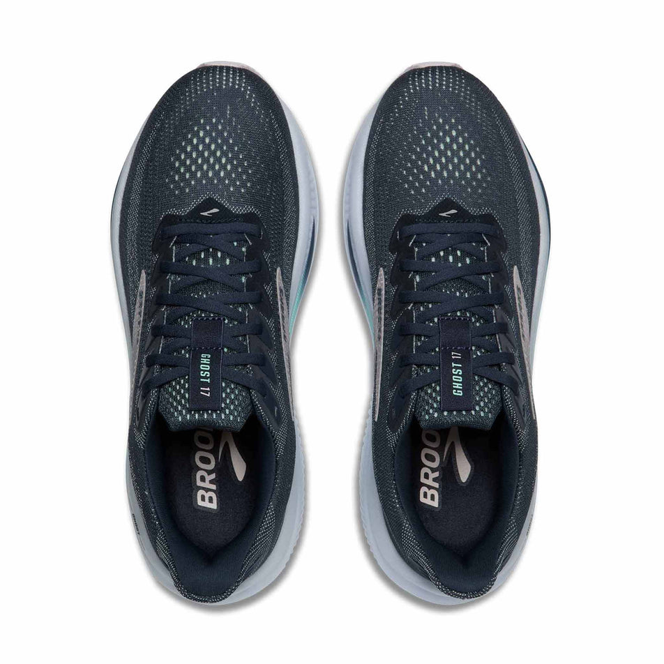 The uppers of a pair of the Brooks Women's Ghost 17 Running Shoes in the Spellbound/Yucca/Pink colourway.