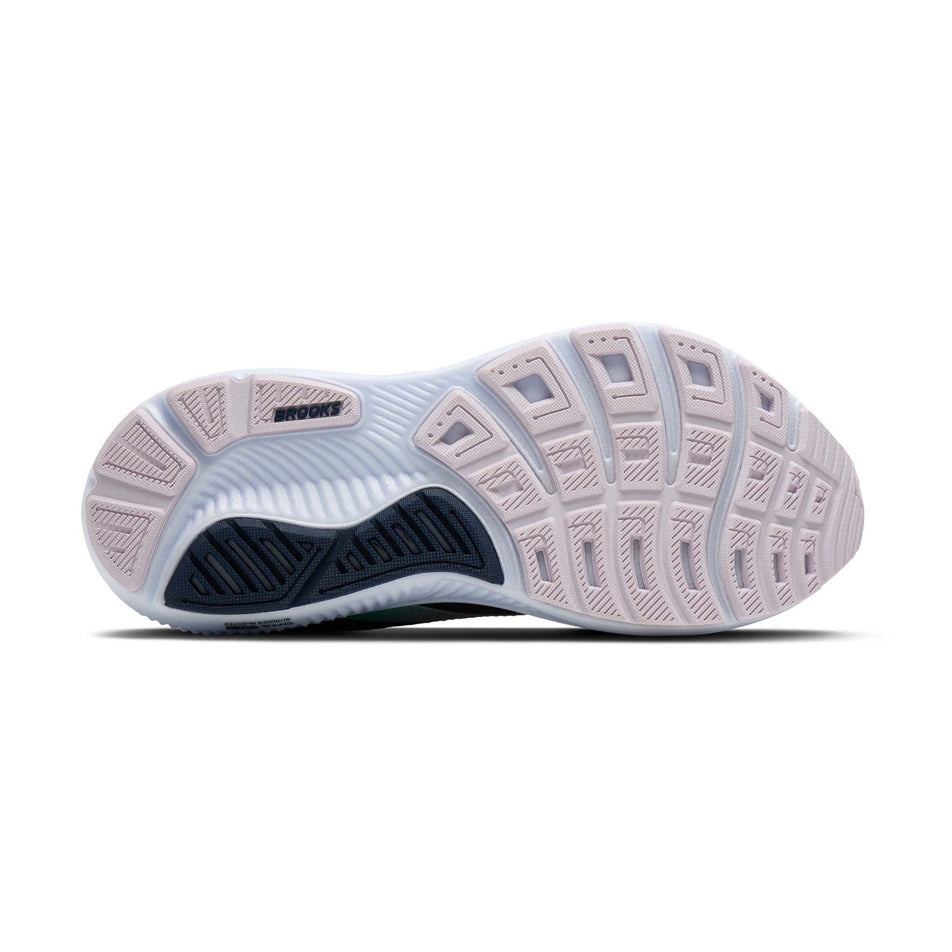 The outsole of the right shoe from a pair of the Brooks Women's Ghost 17 Running Shoes in the Spellbound/Yucca/Pink colourway.