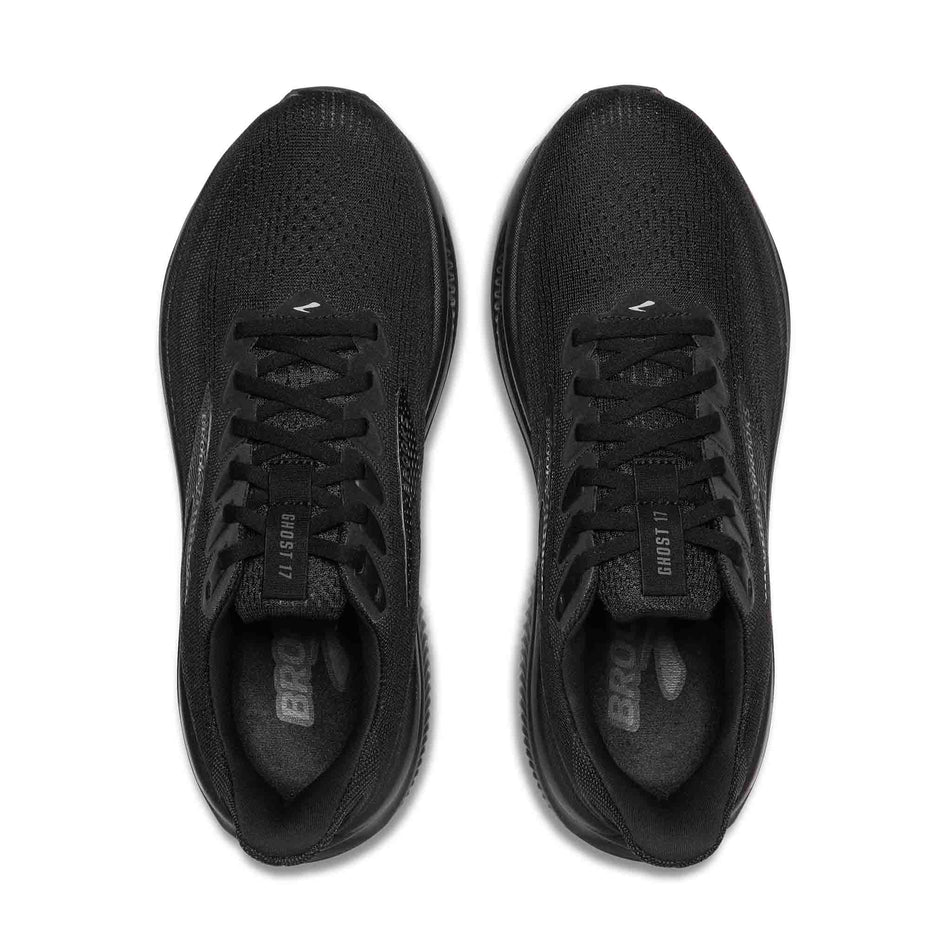 The uppers of a pair of Brooks Women's Ghost 17 1D Running Shoes in the Black/Black/Ebony colourway.