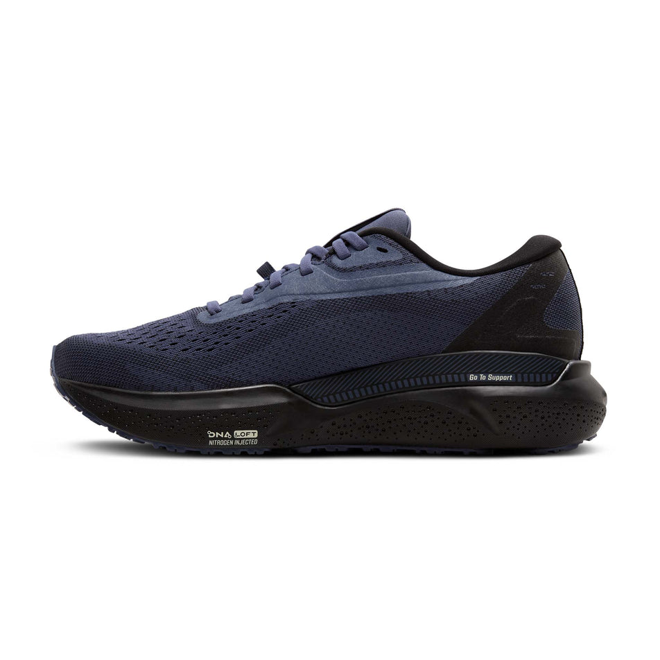 Medial view of the right shoe from a pair of Brooks Women's Adrenaline GTS 24 GTX Running Shoes in the Black/Nightshadow/Coconut colourway. (8655791358114)