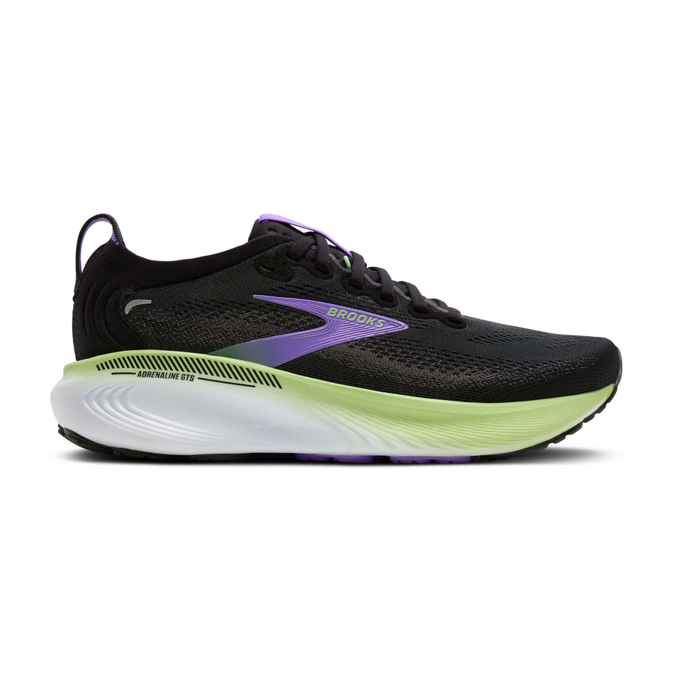 Lateral view of the right shoe from a pair of Brooks Women's Adrenaline GTS 25 Running Shoes in the Black/Black Pearl/Purple colourway.