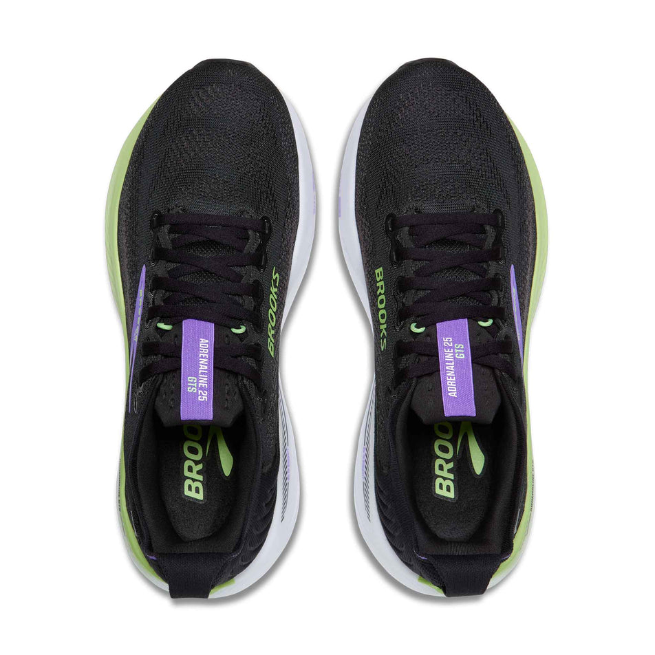 The uppers of a pair of Brooks Women's Adrenaline GTS 25 Running Shoes in the Black/Black Pearl/Purple colourway.
