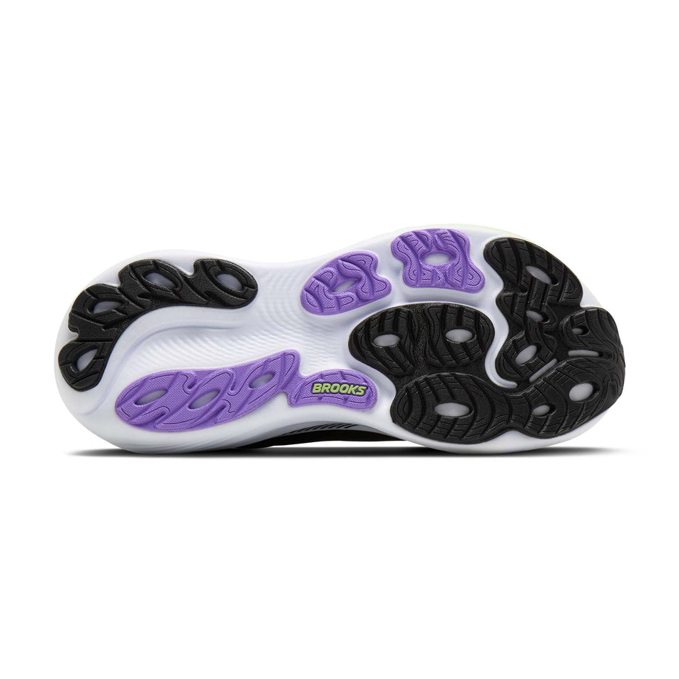 The outsole of the right shoe from a pair of Brooks Women's Adrenaline GTS 25 Running Shoes in the Black/Black Pearl/Purple colourway.