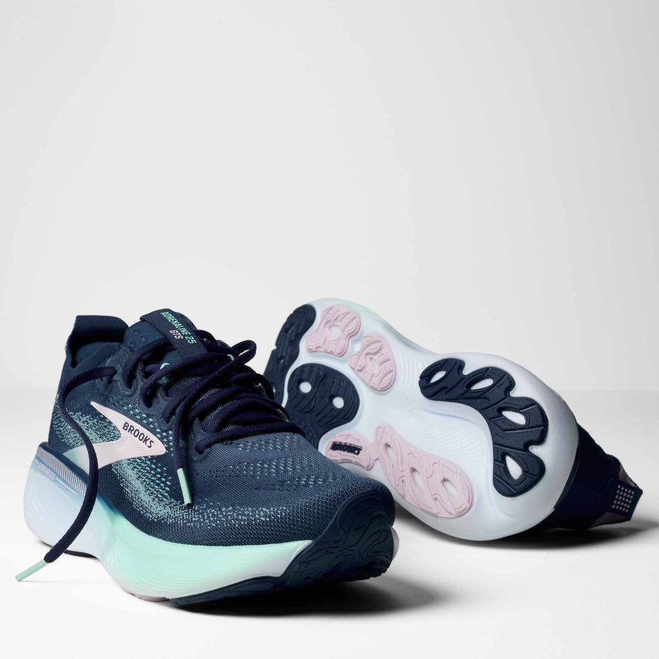 A pair of Brooks Women's Adrenaline GTS 25 Running Shoes in the Spellbound/Yucca/Pink colourway.