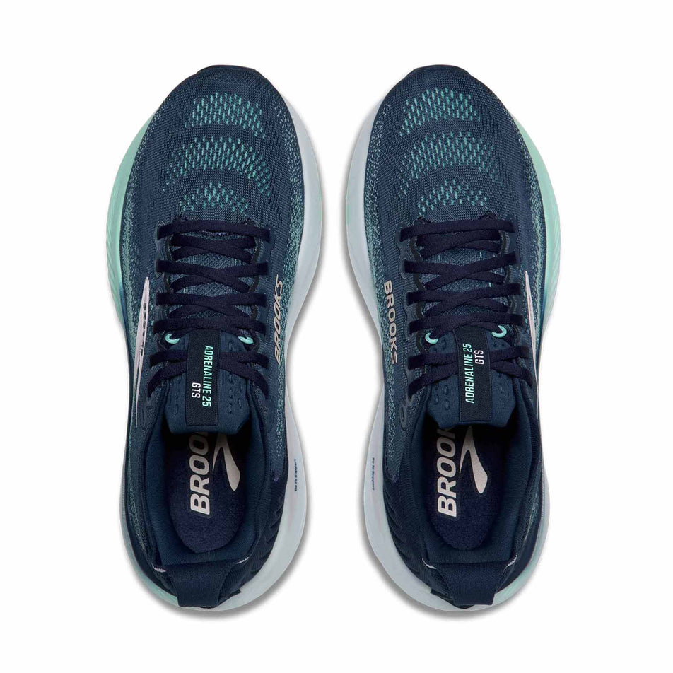 The uppers of a pair of Brooks Women's Adrenaline GTS 25 Running Shoes in the Spellbound/Yucca/Pink colourway.