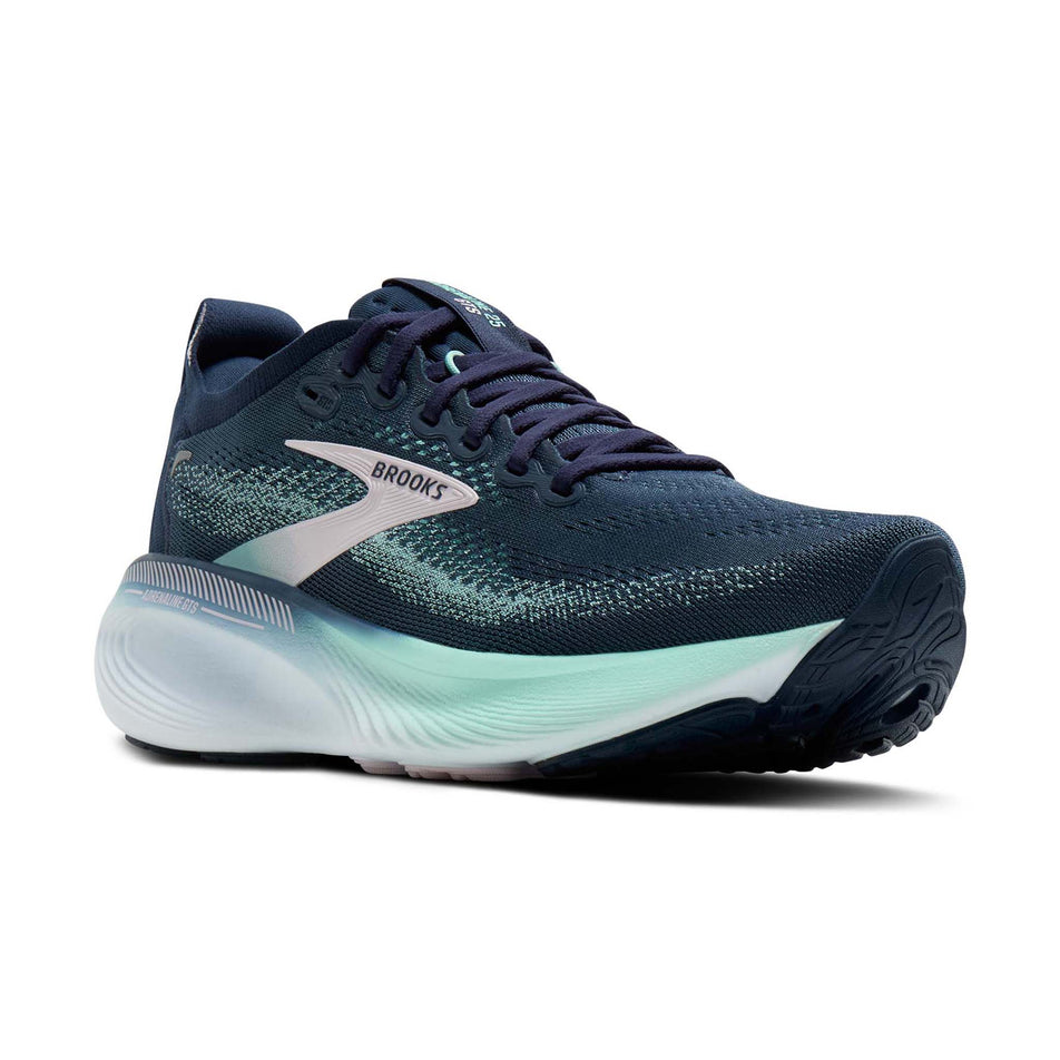 Lateral view of the right shoe from a pair of Brooks Women's Adrenaline GTS 25 Running Shoes in the Spellbound/Yucca/Pink colourway.