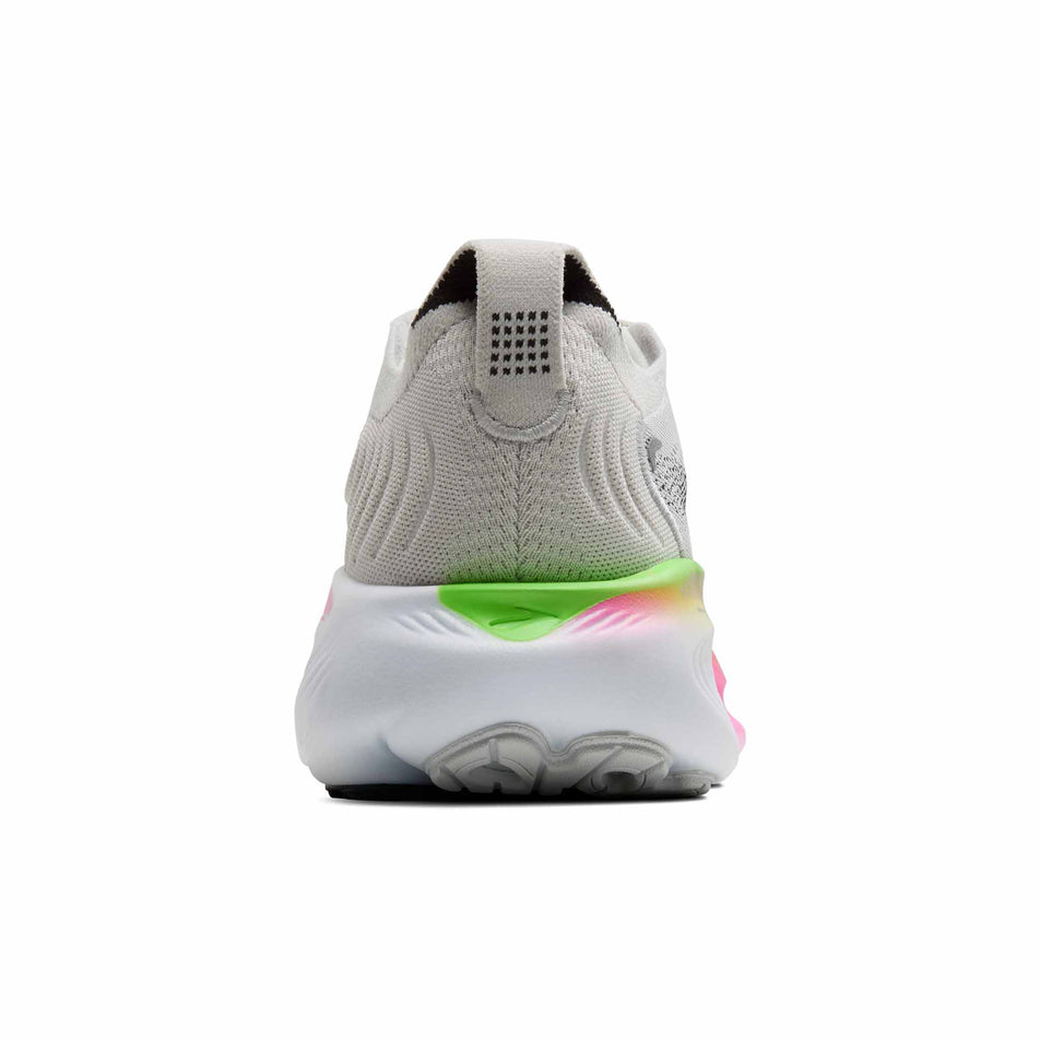 The back of the right shoe from a pair of Brooks Women's Adrenaline GTS 25 1D Running Shoes in the Oyster/Pink/Green colourway.