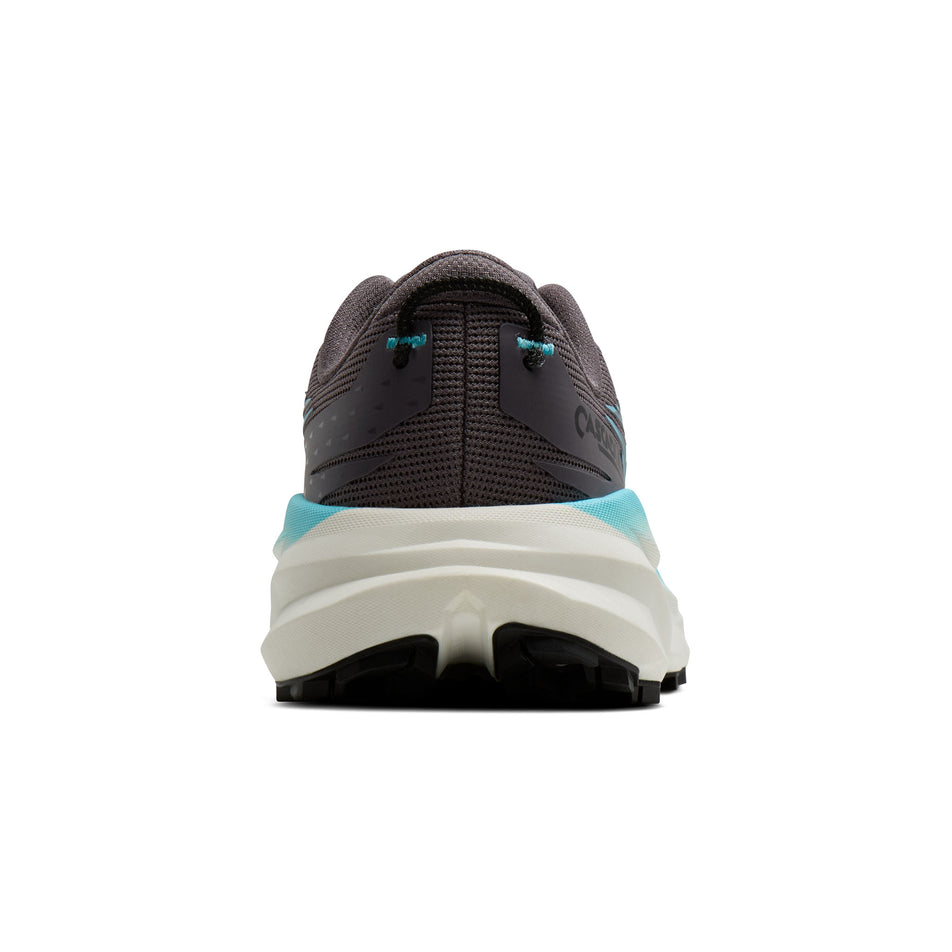 The back of the right shoe from a pair of Brooks Women's Cascadia 19 Running Shoes in the Rabbit/Black/Bluefish colourway.