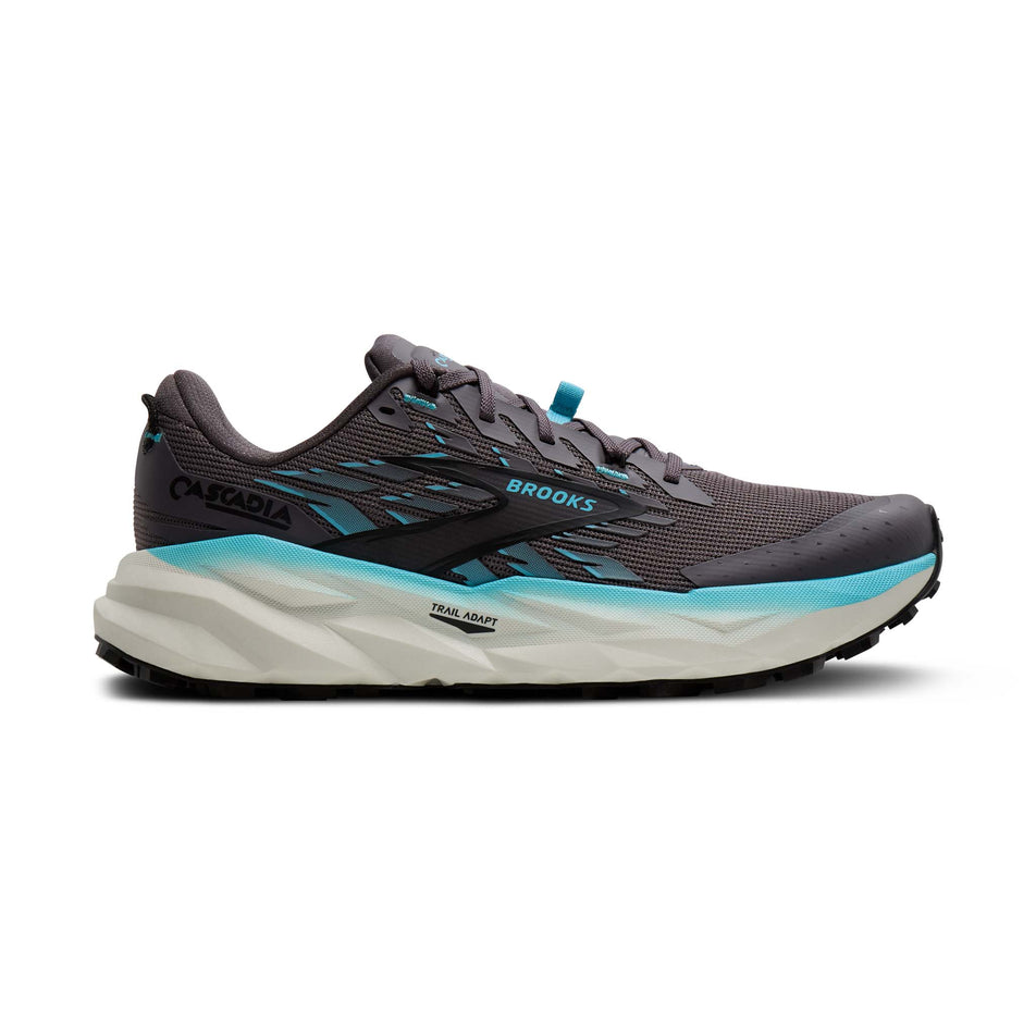 Lateral view of the right shoe from a pair of Brooks Women's Cascadia 19 Running Shoes in the Rabbit/Black/Bluefish colourway.
