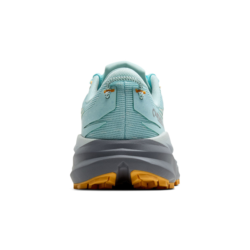 The back of the right shoe from a pair of Brooks Women's Cascadia 19 Running Shoes in the Clearwater/Primer Grey/Apricot colourway. (8655856599202)