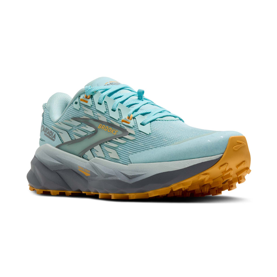 Lateral view of the right shoe from a pair of Brooks Women's Cascadia 19 Running Shoes in the Clearwater/Primer Grey/Apricot colourway. (8655856599202)