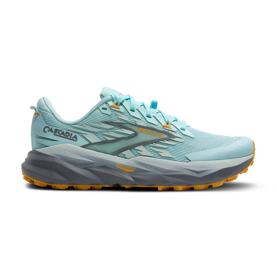Lateral view of the right shoe from a pair of Brooks Women's Cascadia 19 Running Shoes in the Clearwater/Primer Grey/Apricot colourway. (8655856599202)