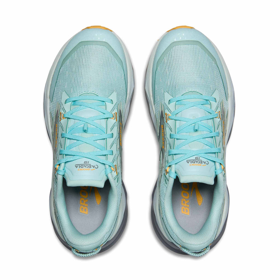 A pair of Brooks Women's Cascadia 19 Running Shoes in the Clearwater/Primer Grey/Apricot colourway. (8655856599202)