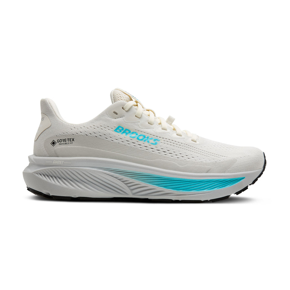 Lateral view of the right shoe from a pair of Brooks Women's Ghost 17 GTX Running Shoes in the Coconut/Oyster/Blue colourway. (8655779528866)
