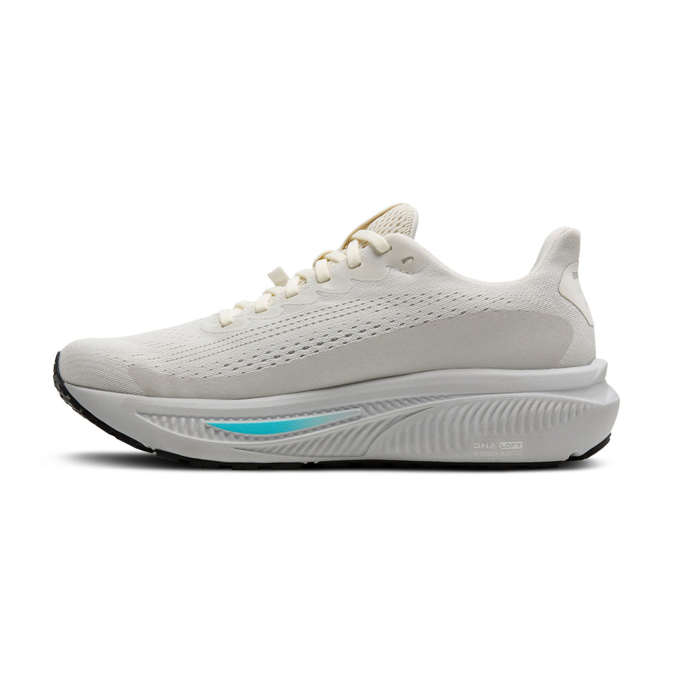 Medial view of the right shoe from a pair of Brooks Women's Ghost 17 GTX Running Shoes in the Coconut/Oyster/Blue colourway. (8655779528866)