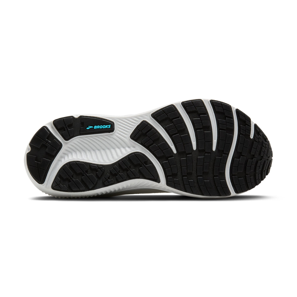 The outsole of the right shoe from a pair of Brooks Women's Ghost 17 GTX Running Shoes in the Coconut/Oyster/Blue colourway. (8655779528866)