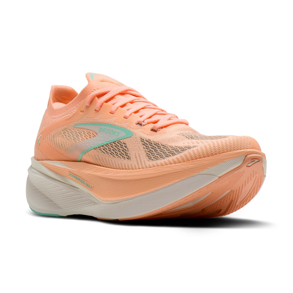Lateral view of the right shoe from a pair of Brooks Women's Hyperion Max 3 Running Shoes in the Coral/Yucca/Coconut colourway.