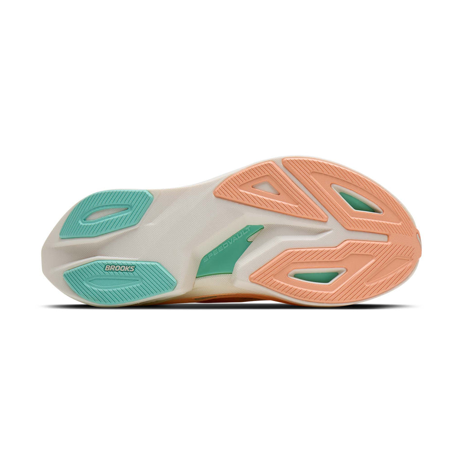 The outsole of the right shoe from a pair of Brooks Women's Hyperion Max 3 Running Shoes in the Coral/Yucca/Coconut colourway.