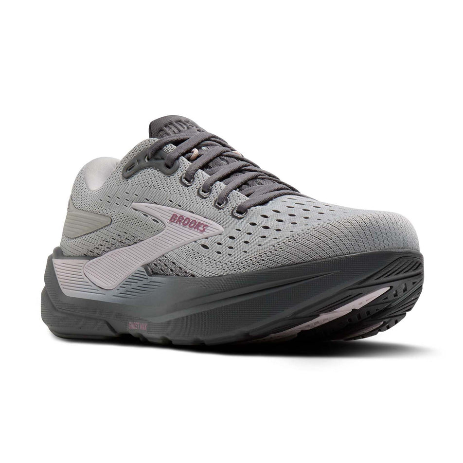 Lateral view of the right shoe from a pair of Brooks Women's Ghost Max 3 Running Shoes in the Harbor Mist/Poppy Seed/Pink colourway.