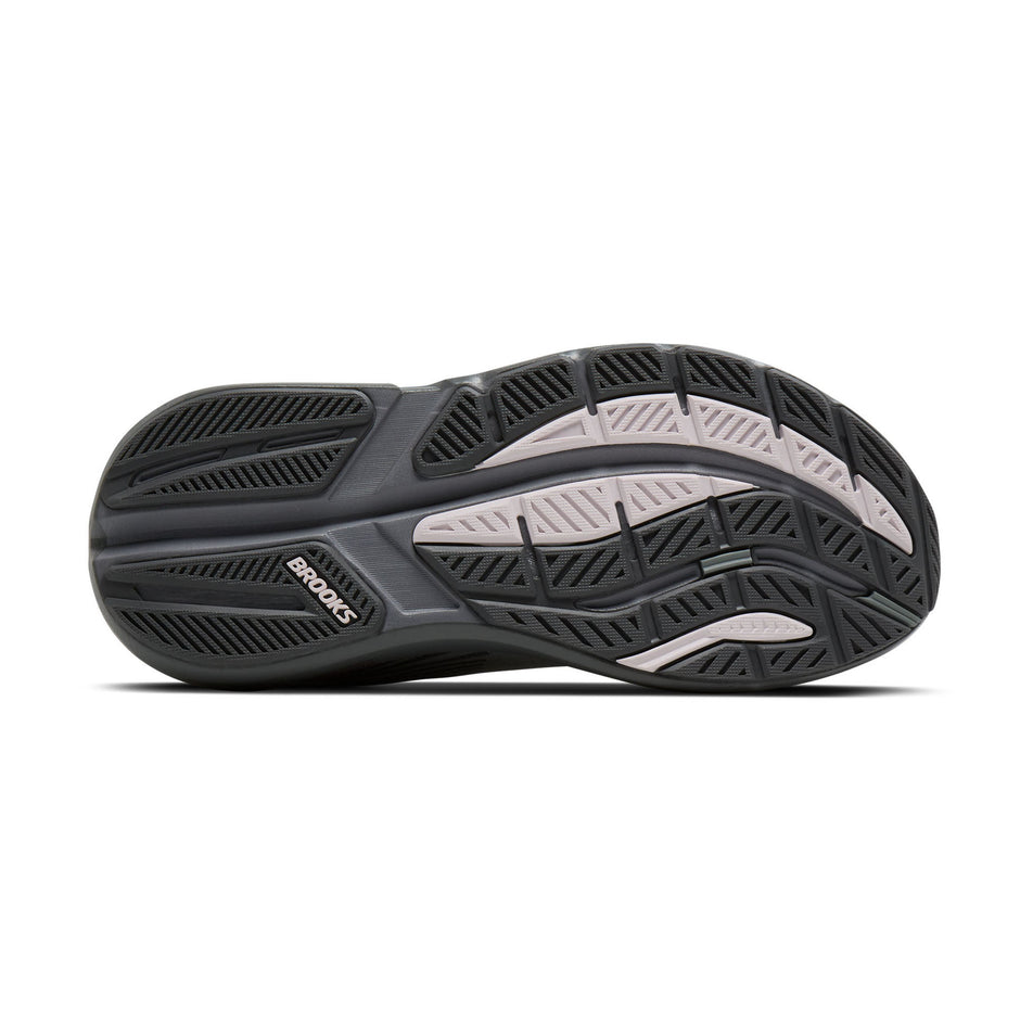 The outsole of the right shoe from a pair of Brooks Women's Ghost Max 3 Running Shoes in the Harbor Mist/Poppy Seed/Pink colourway.