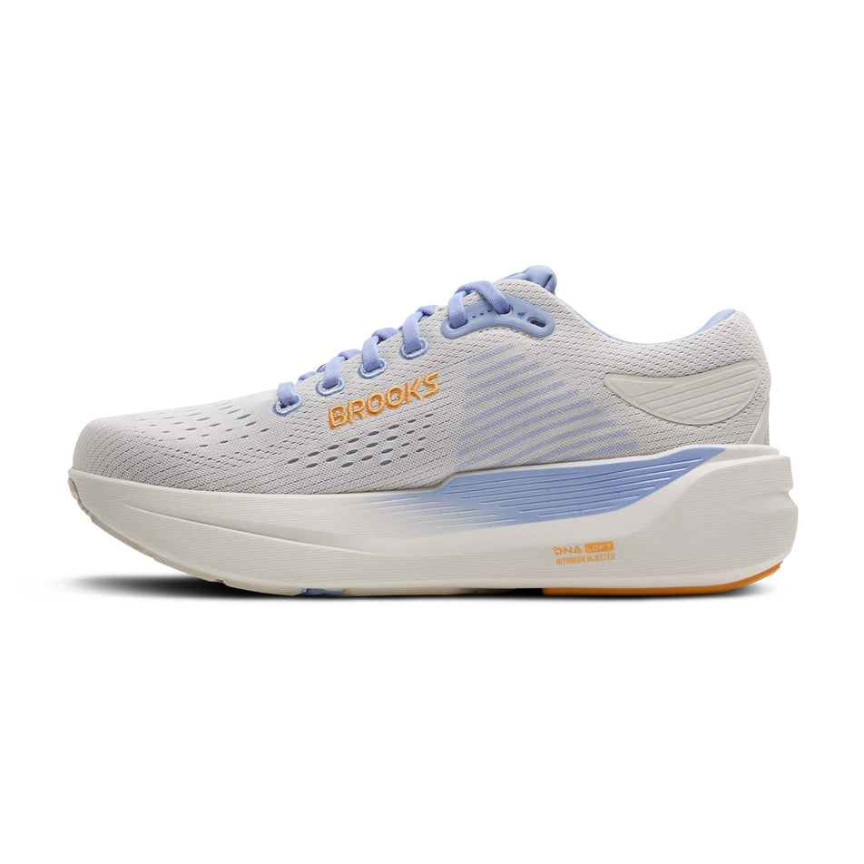 Medial view of the right shoe from a pair of Brooks Women's Ghost Max 3 Running Shoes in the Coconut/Blue Heron/Orange colourway. (8655731720354)
