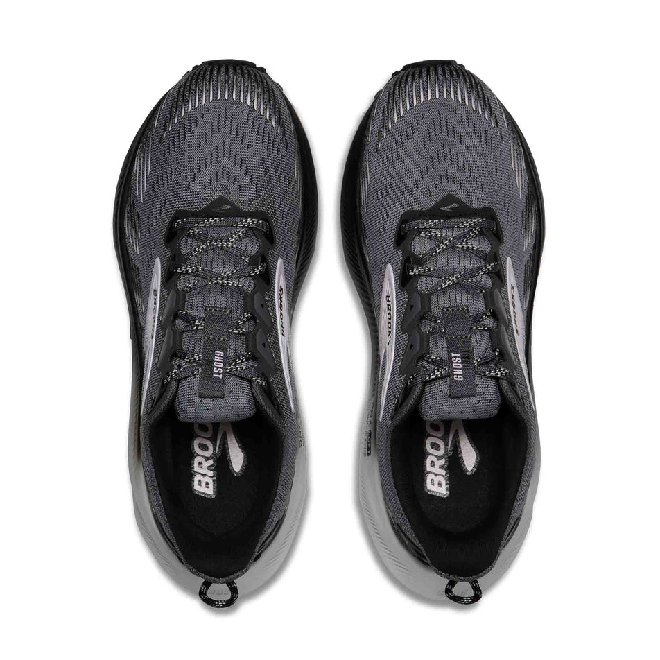 The uppers of a pair of Brooks Women's Ghost Trail Running Shoes in the Poppy Seed/Black/Pink colourway.