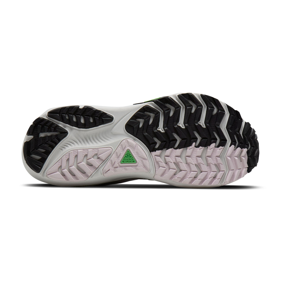 The outsole of the right shoe from a pair of Brooks Women's Ghost Trail Running Shoes in the Poppy Seed/Black/Pink colourway.