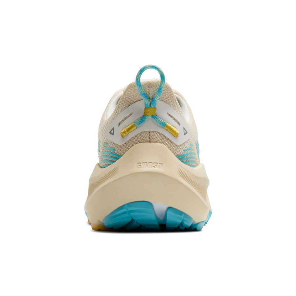 The back of the right shoe from a pair of Brooks Women's Ghost Trail Running Shoes in the Sand/Star White/Golden Hour colourway.