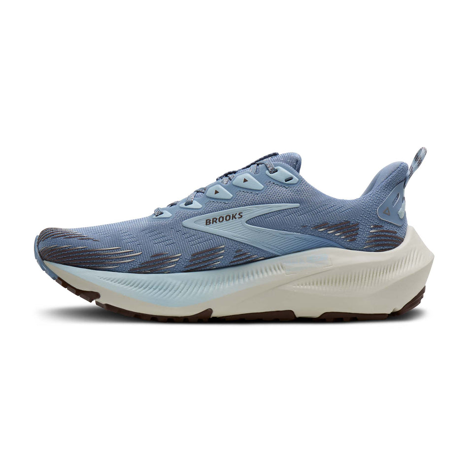 Medial view of the right shoe from a pair of Brooks Women's Ghost Trail Running Shoes in the Blue/Blue/Brown colourway.