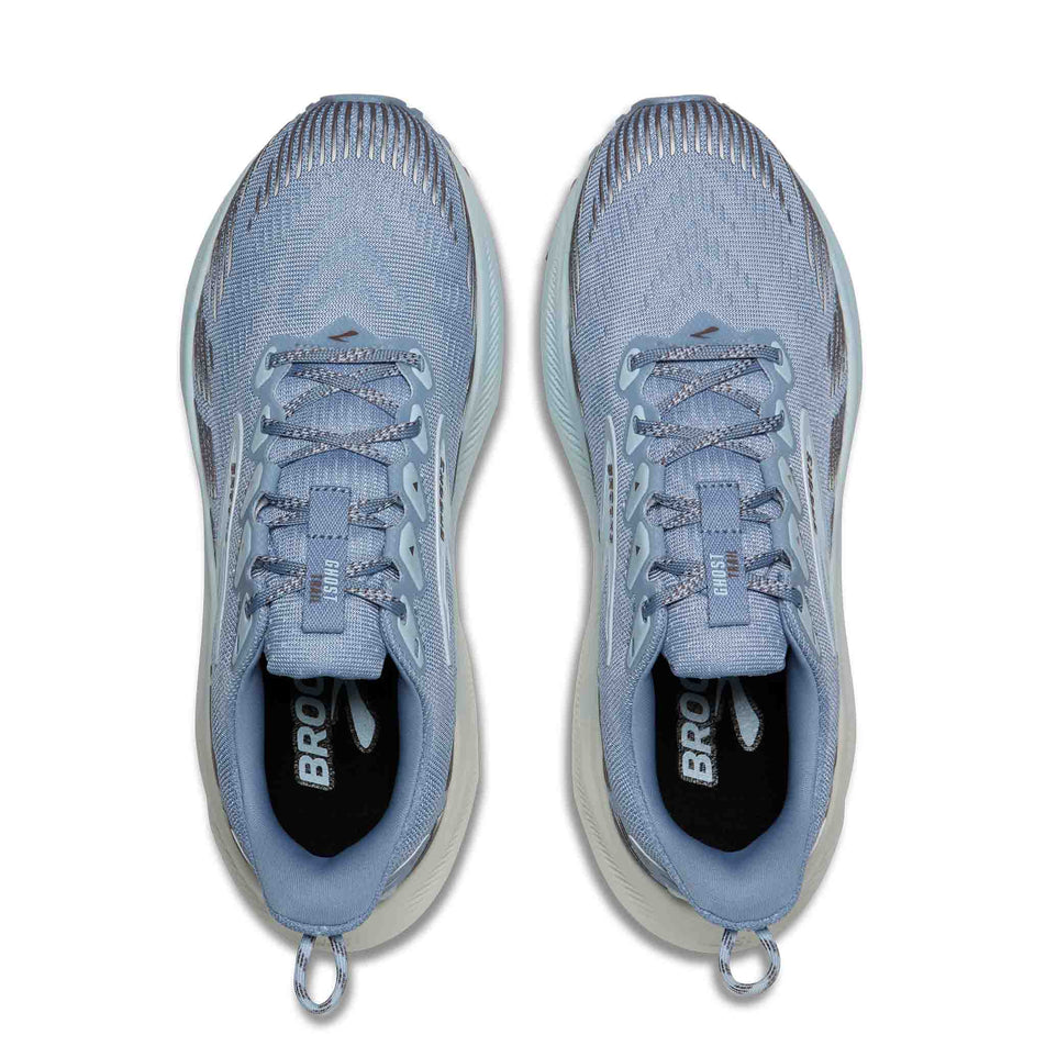 The uppers of a pair of Brooks Women's Ghost Trail Running Shoes in the Blue/Blue/Brown colourway.
