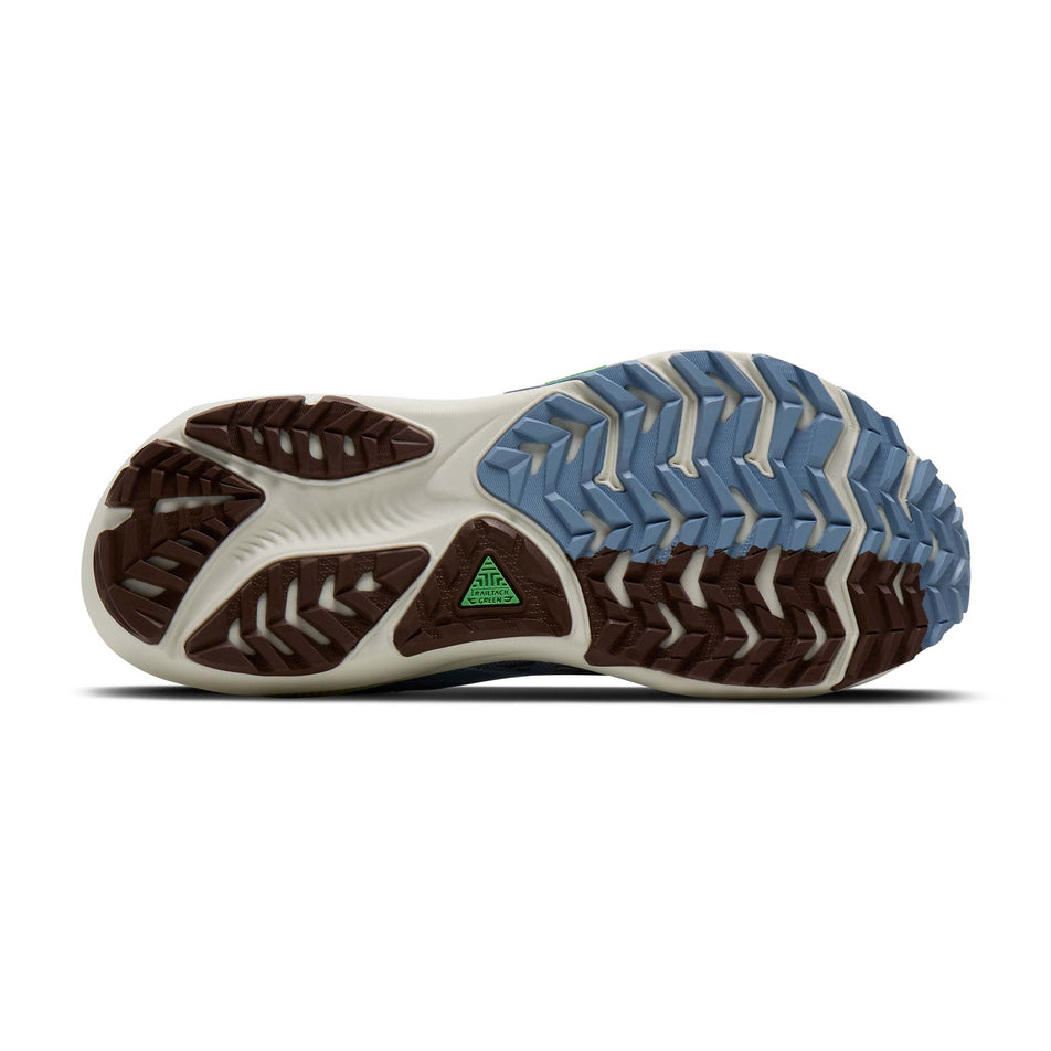 The outsole of the right shoe from a pair of Brooks Women's Ghost Trail Running Shoes in the Blue/Blue/Brown colourway.