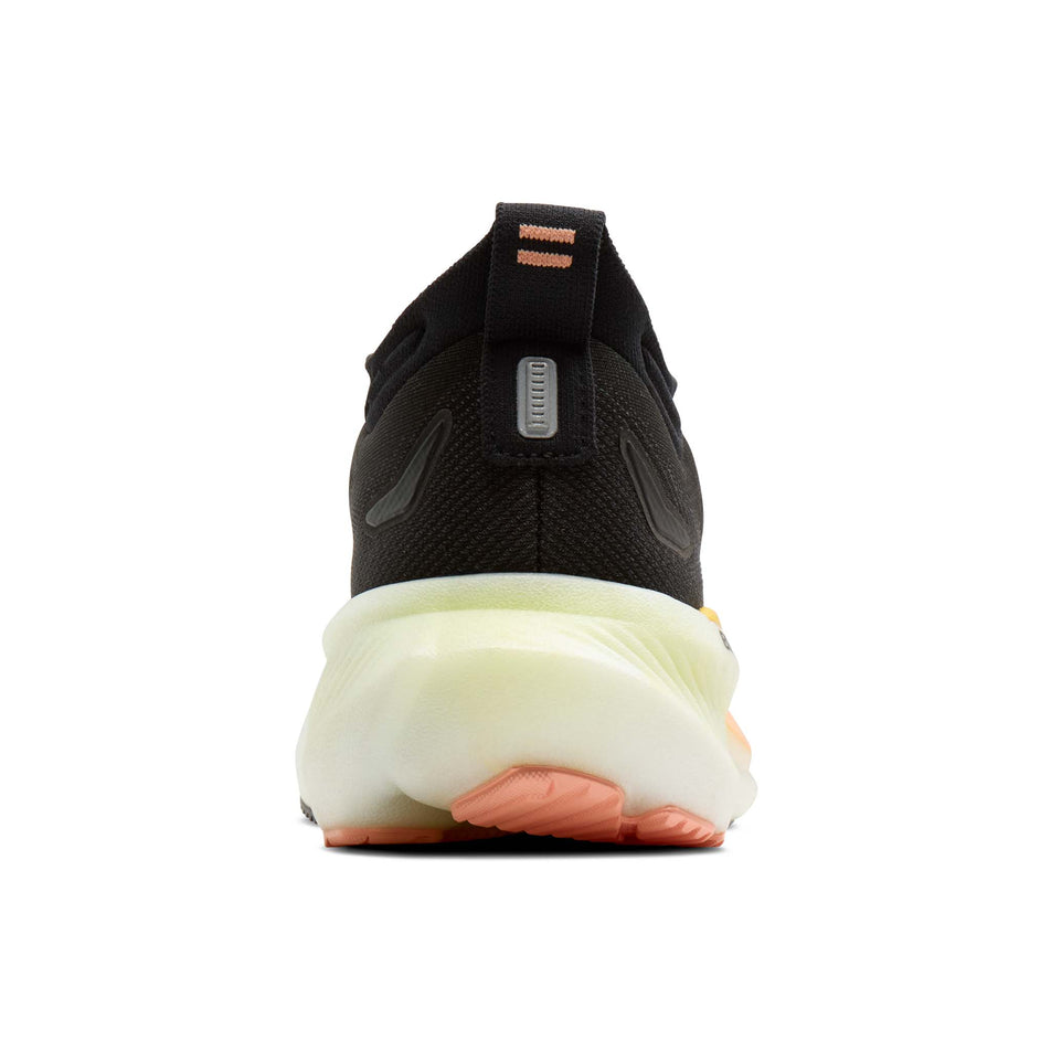 The back of the right shoe from a pair of Brooks Women's Glycerin 23 Running Shoes in the Black/Peach/Nightlife colourway.