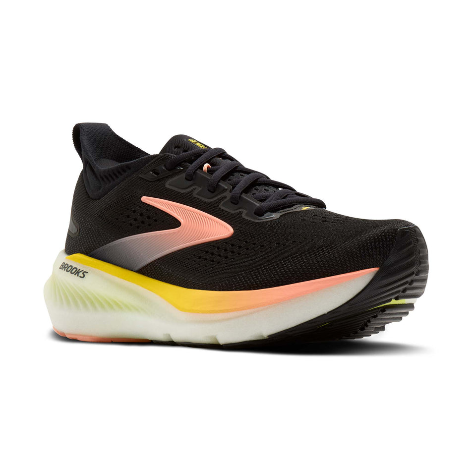 Lateral view of the right shoe from a pair of Brooks Women's Glycerin 23 Running Shoes in the Black/Peach/Nightlife colourway.