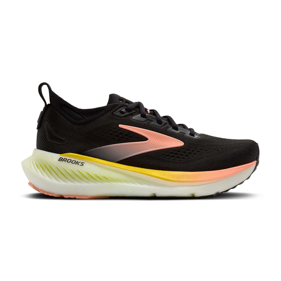 Lateral view of the right shoe from a pair of Brooks Women's Glycerin 23 Running Shoes in the Black/Peach/Nightlife colourway.