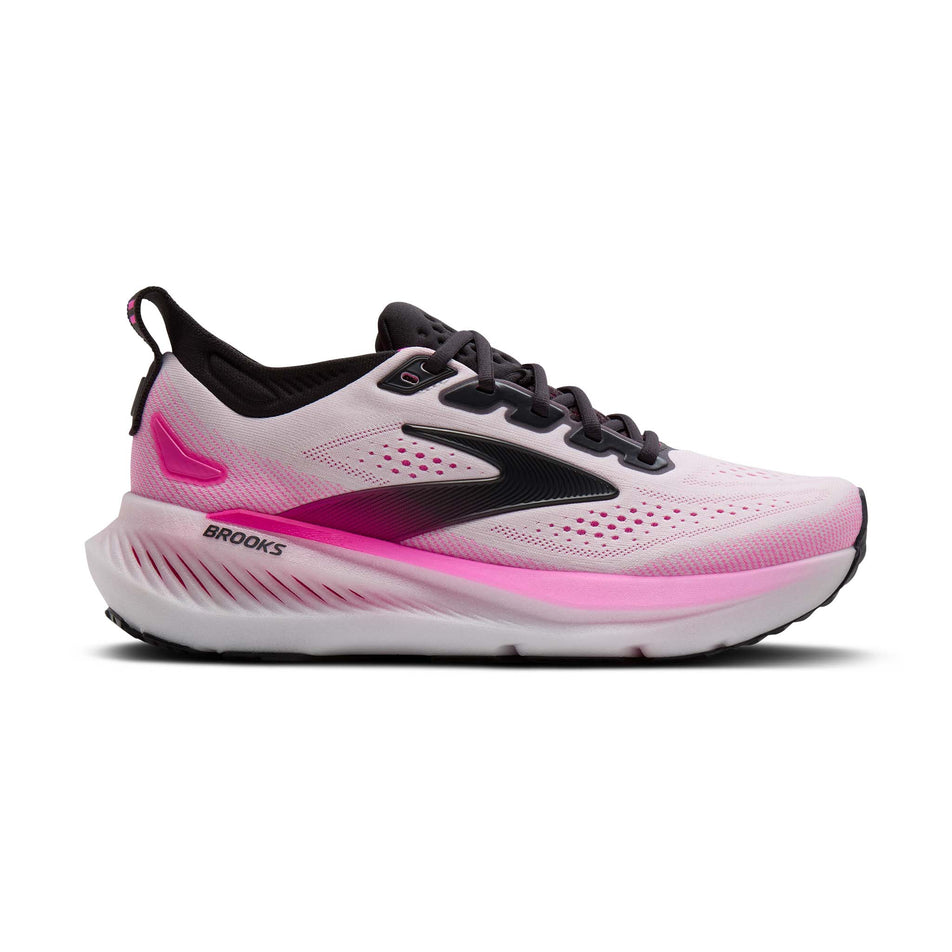 Lateral view of the right shoe from a pair of Brooks Women's Glycerin 23 Running Shoes in the White/Phantom/Cyber Pink colourway. 
