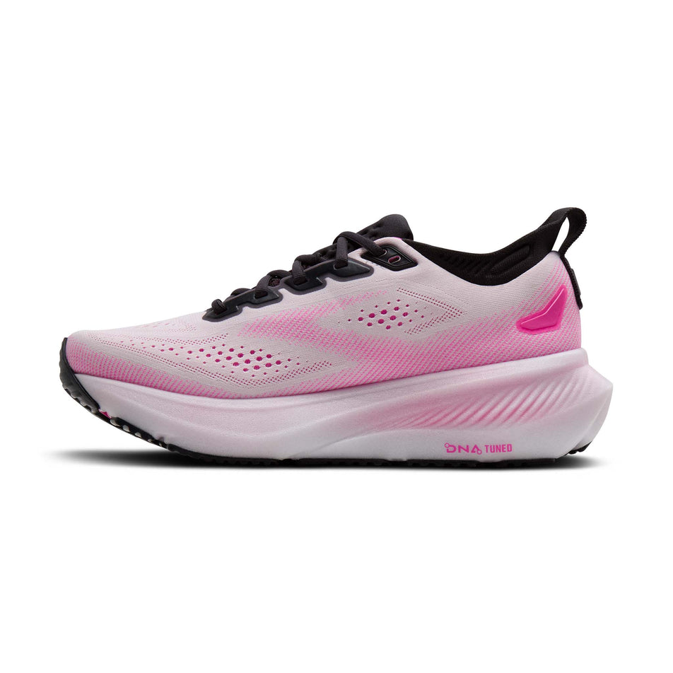 Medial view of the right shoe from a pair of Brooks Women's Glycerin 23 Running Shoes in the White/Phantom/Cyber Pink colourway.