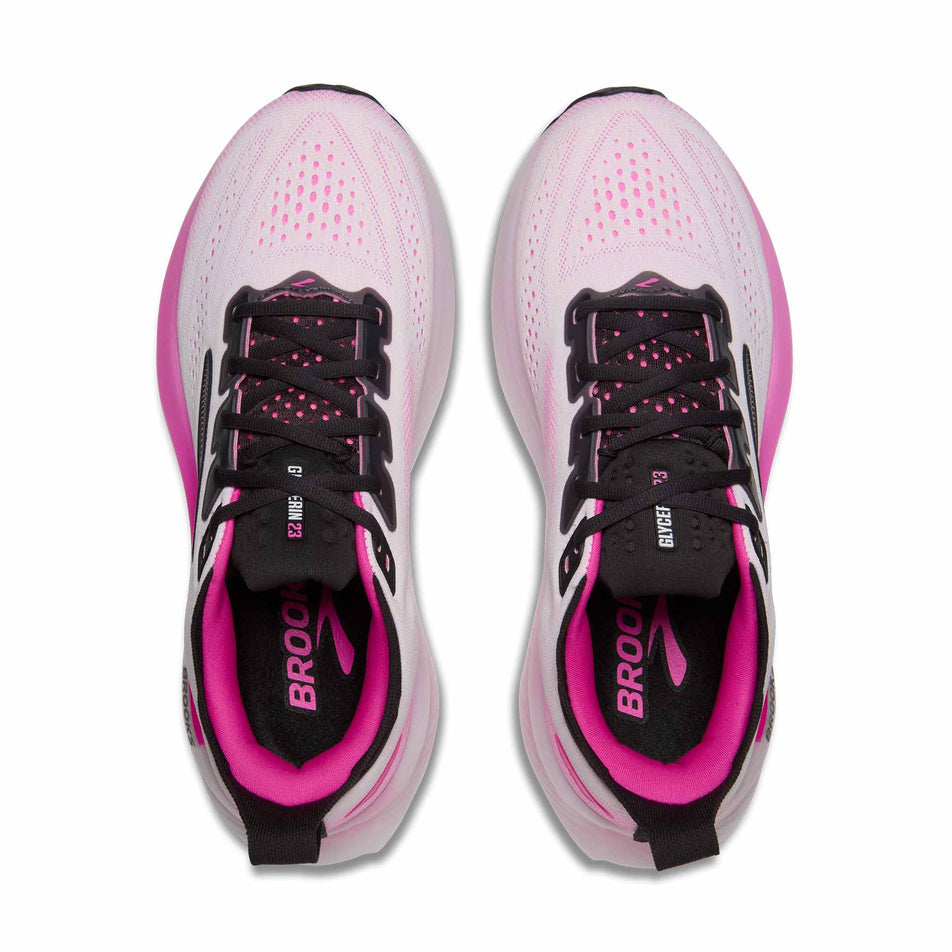 The uppers of a pair of Brooks Women's Glycerin 23 Running Shoes in the White/Phantom/Cyber Pink colourway.