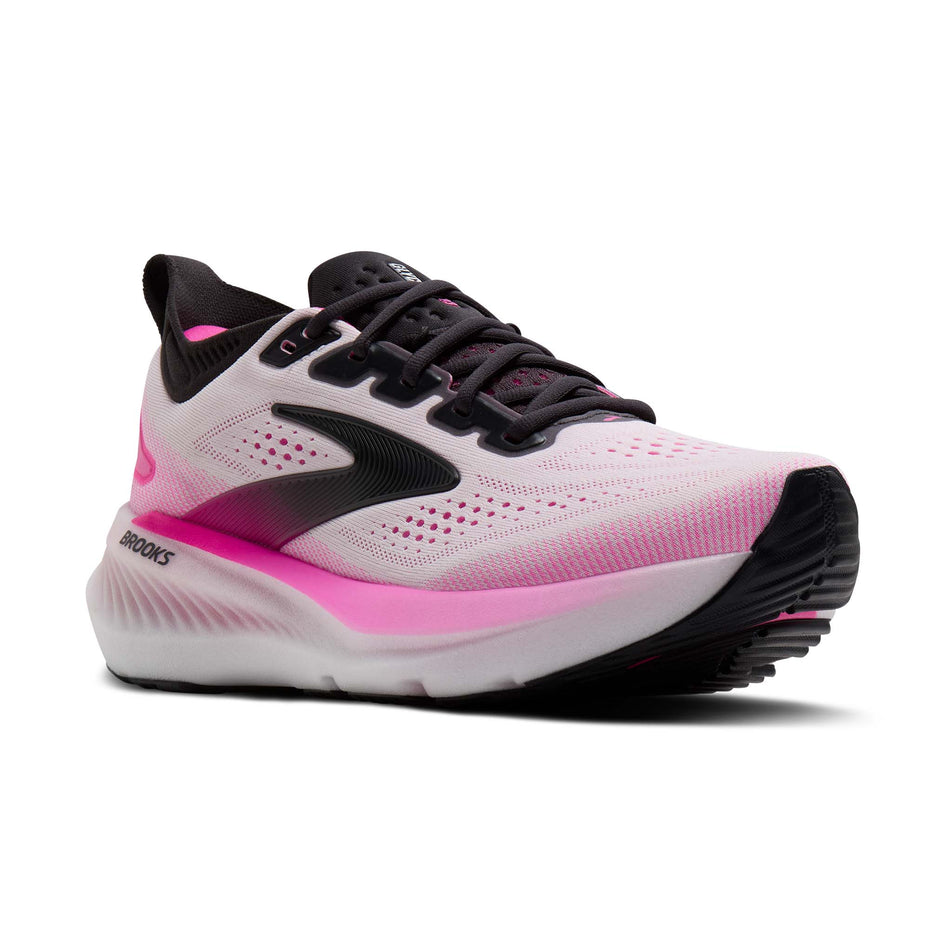 Lateral view of the right shoe from a pair of Brooks Women's Glycerin 23 Running Shoes in the White/Phantom/Cyber Pink colourway.