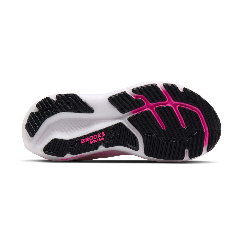 The outsole of the right shoe from a pair of Brooks Women's Glycerin 23 Running Shoes in the White/Phantom/Cyber Pink colourway.