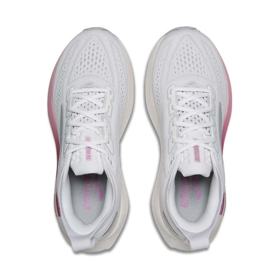 The uppers of a pair of Brooks Women's Glycerin 23 Running Shoes in the White/Harbor Mist/Metallic colourway.