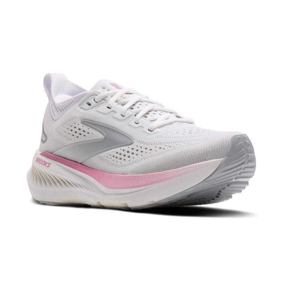 Lateral view of the right shoe from a pair of Brooks Women's Glycerin 23 Running Shoes in the White/Harbor Mist/Metallic colourway.