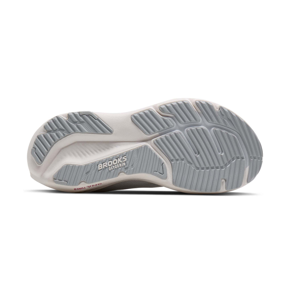 The outsole of the right shoe from a pair of Brooks Women's Glycerin 23 Running Shoes in the White/Harbor Mist/Metallic colourway.