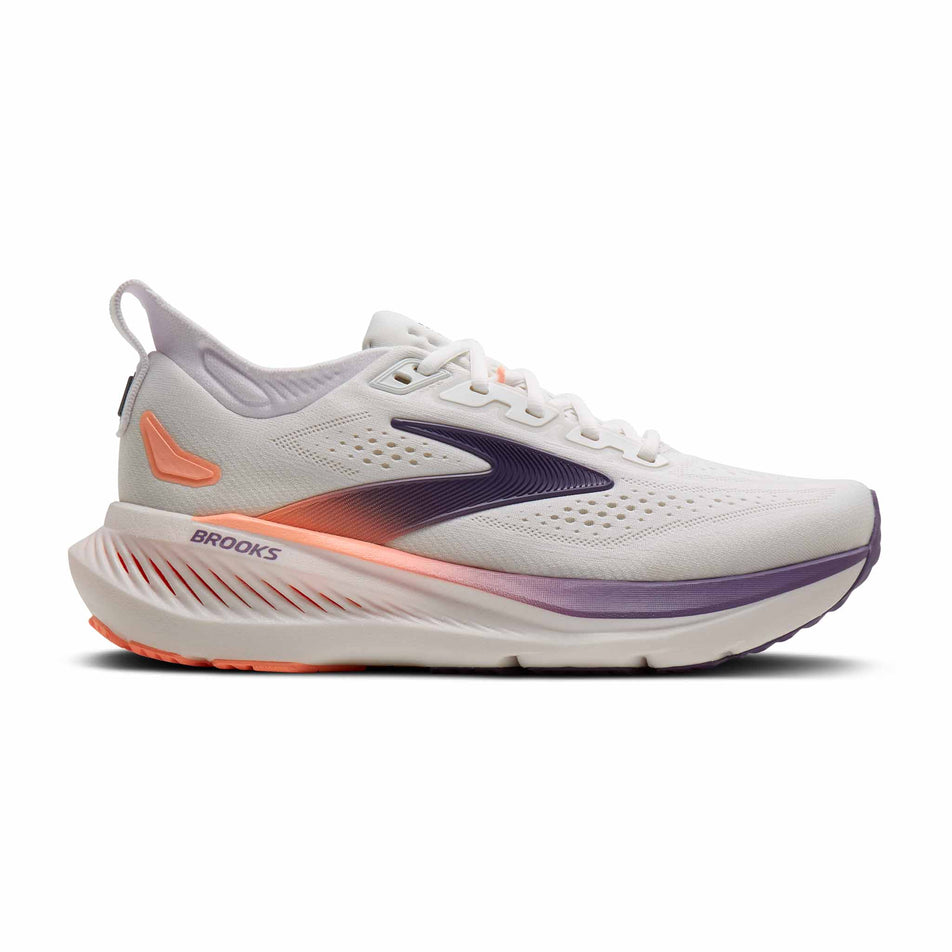 Lateral view of the right shoe from a pair of Brooks Women's Glycerin 23 Running Shoes in the White/Mulled Grape/Clear colourway.