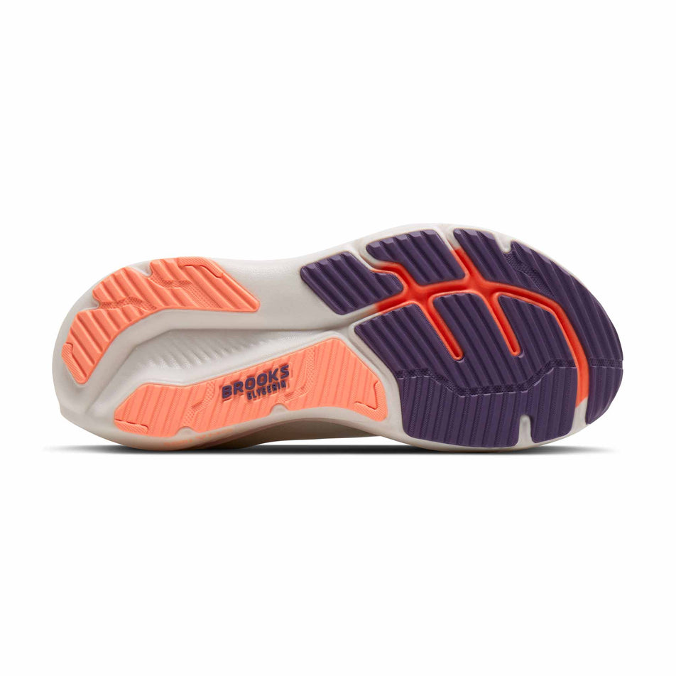 The outsole of the right shoe from a pair of Brooks Women's Glycerin 23 Running Shoes in the White/Mulled Grape/Clear colourway.