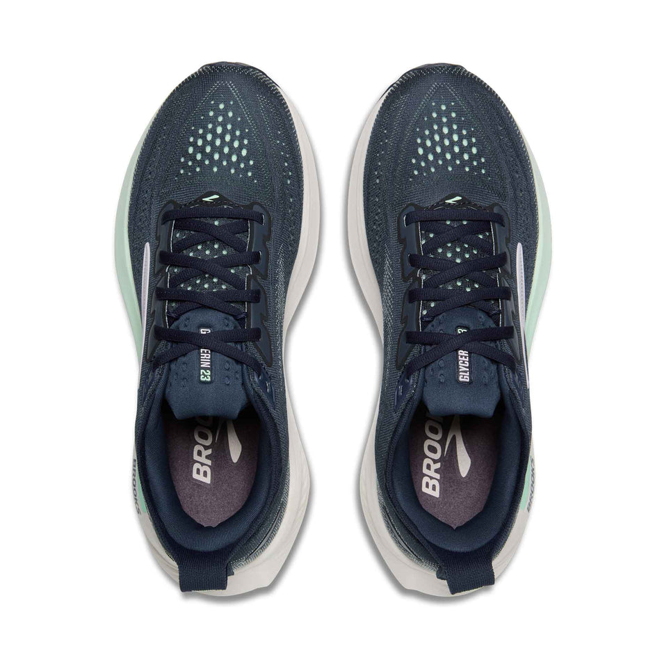 The uppers of a pair of Brooks Women's Glycerin 23 Running Shoes in the Spellbound/Yucca/Pink colourway.